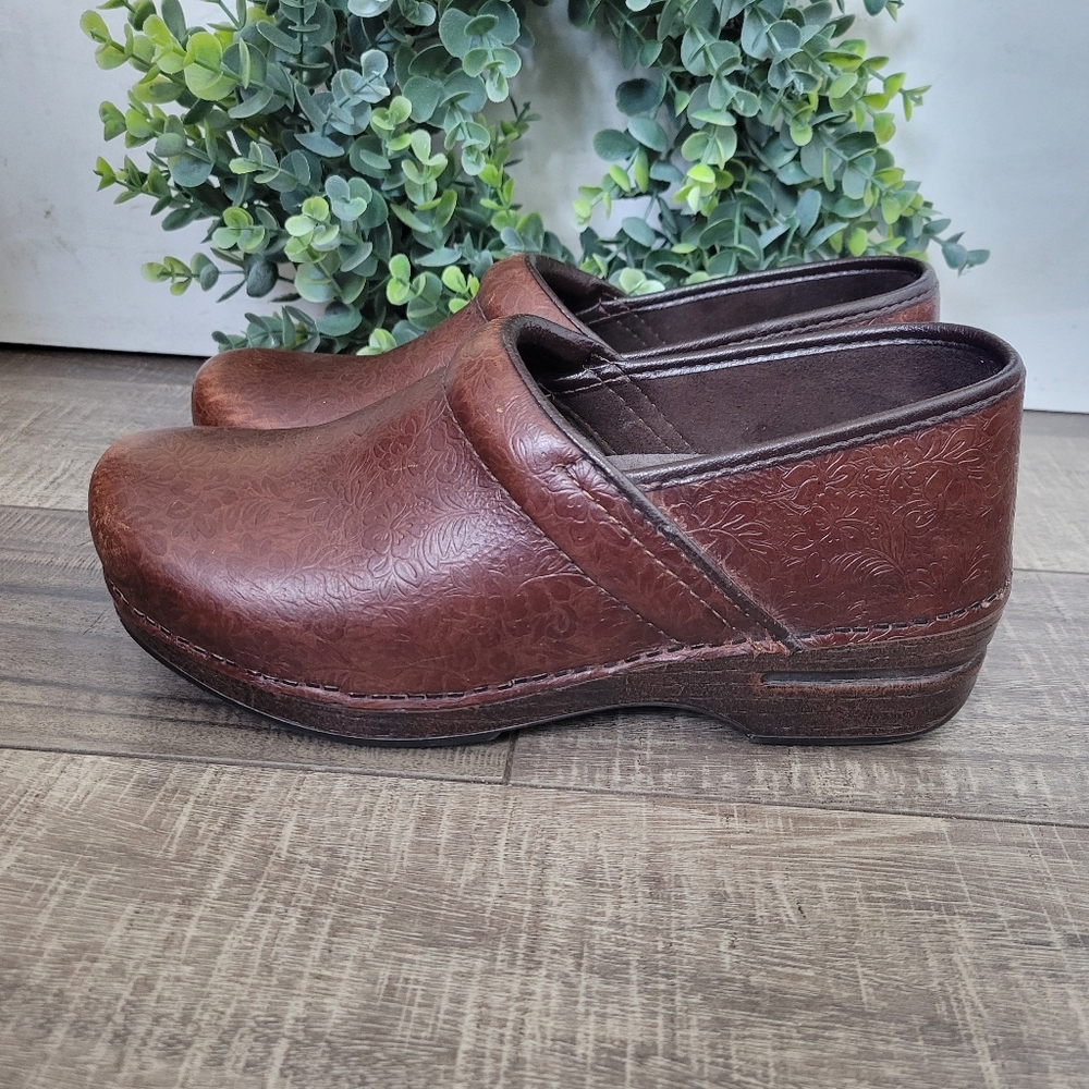 Dansko Brown Floral-Embossed Leather Clogs